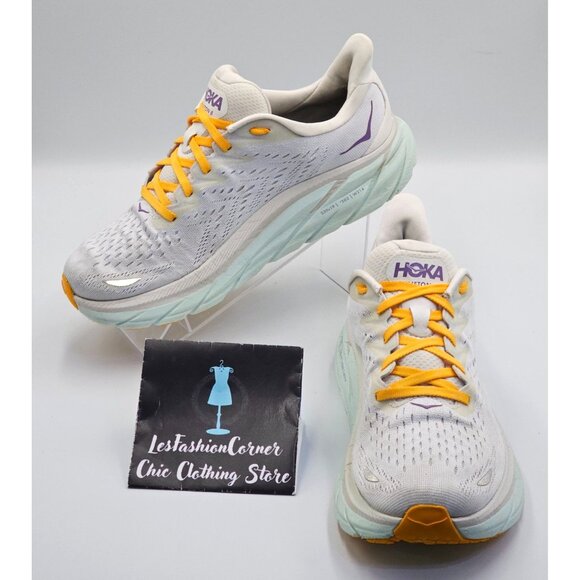 Hoka One One Shoes - Hoka One One Women's White Yellow Mesh Clifton 8 Running Shoes Size 10B 2658